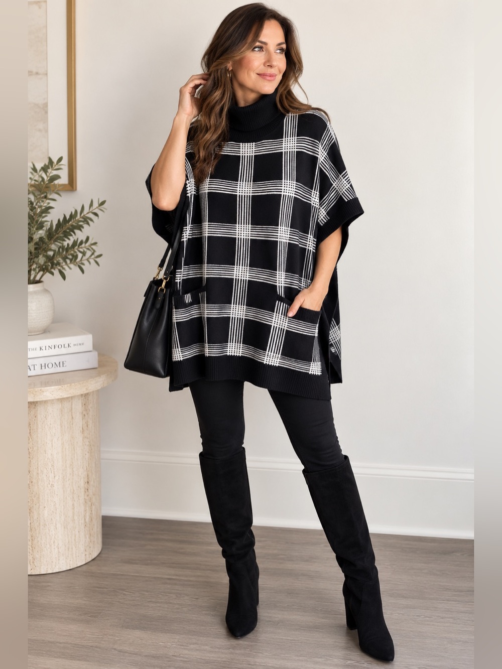 Jones New York Plaid Turtleneck Poncho Sweater S/M NEW